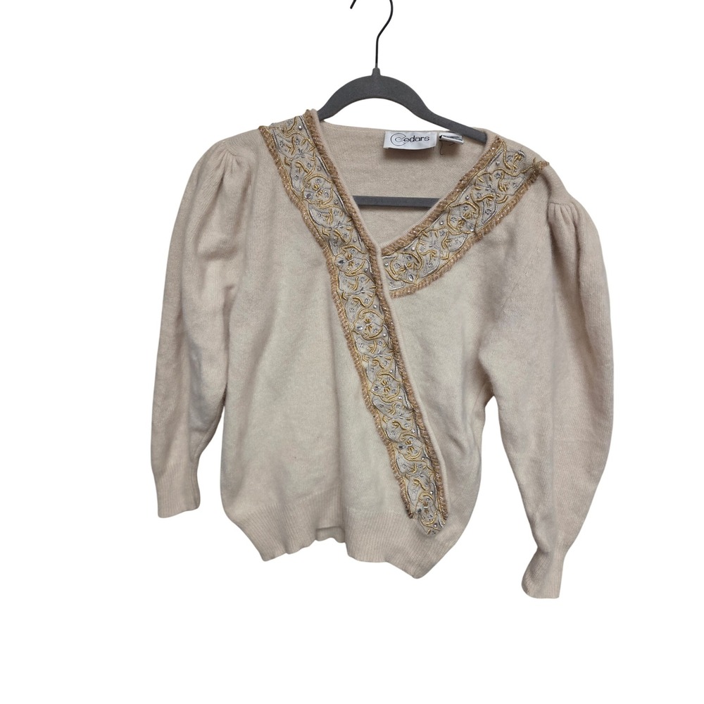 Vintage 80s Cedars Angora Lambswool Beaded Sweater Cardigan Puff Sleeve L